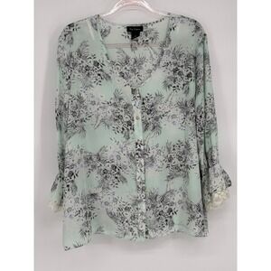 Nue Options Sz XL Green Blue Floral Print Button Up Long Sleeve Blouse Lace Trim